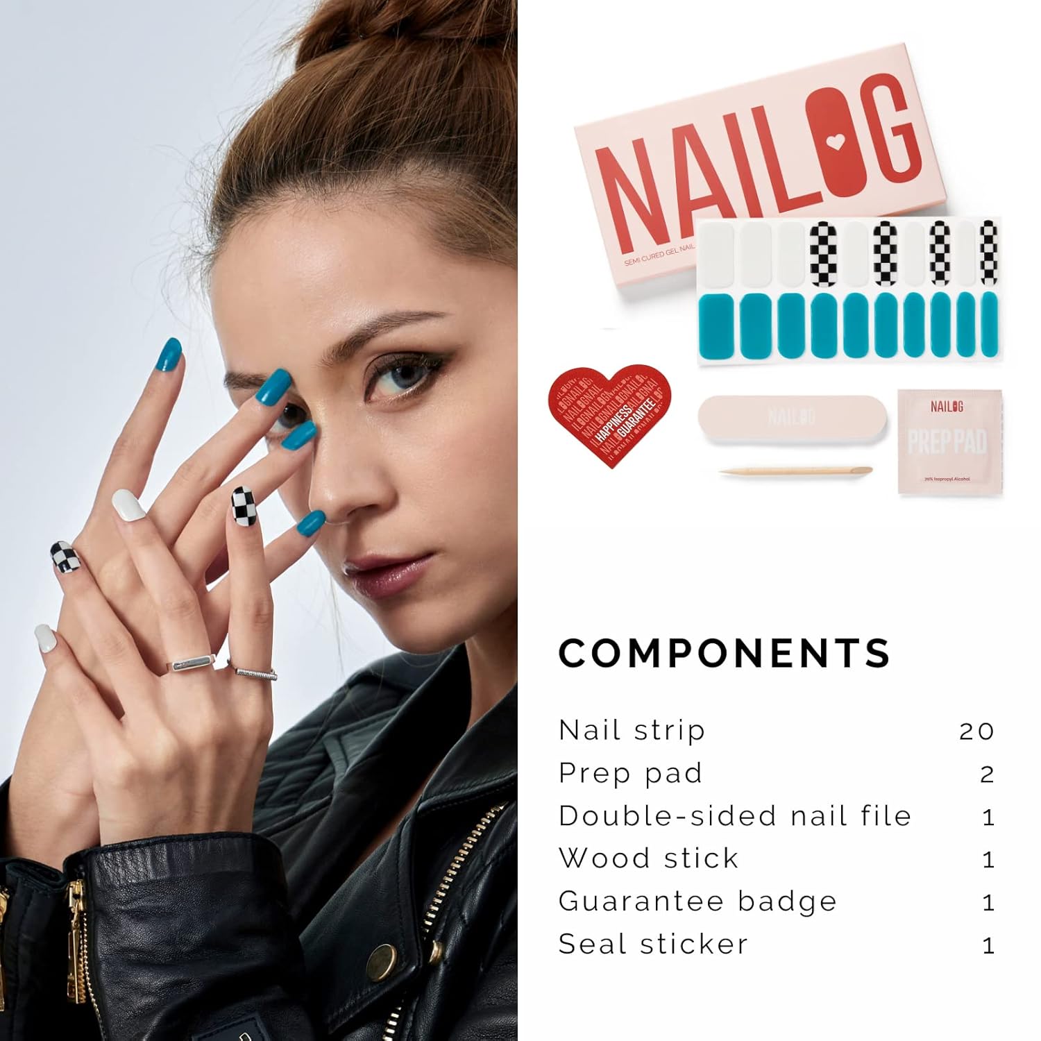 NAILOG Semi Cured Gel Nail Strips (20 Extra Long Checkered Polish Stickers/Wraps) │ Glossy & Long Lasting Soft Gel Finishing (Full Speed) - Image 5