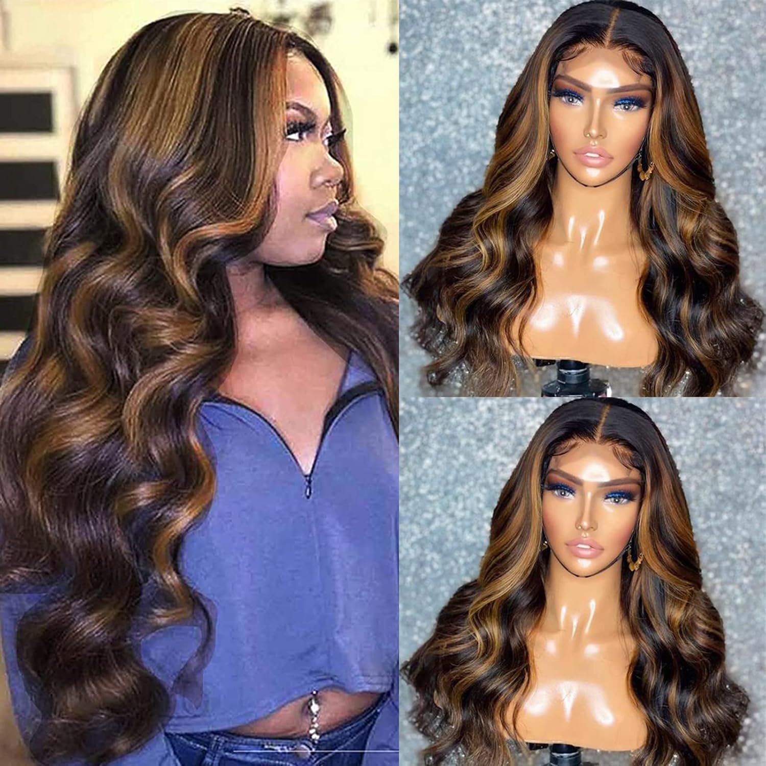 Brazilian Human Hair Highlight Balayage Body Wave Ombre Lace Closure Wig Honey Blonde 18 Inch 150% Density - Image 5