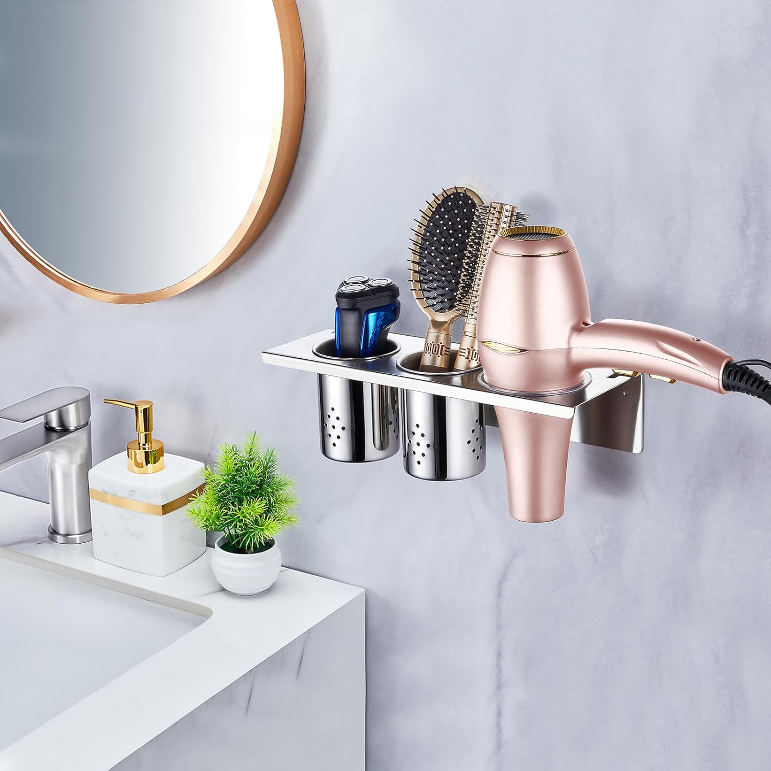 Hair Tool Organizer Wall Mount, Hair Dryer Holder with 2 Cups, Stainless Steel Blow Dryer Holder Curling Iron Holder Wall Mount, Bathroom Vanity Hair Styling Tools Organizer for Brush, Flat Iron - Image 9