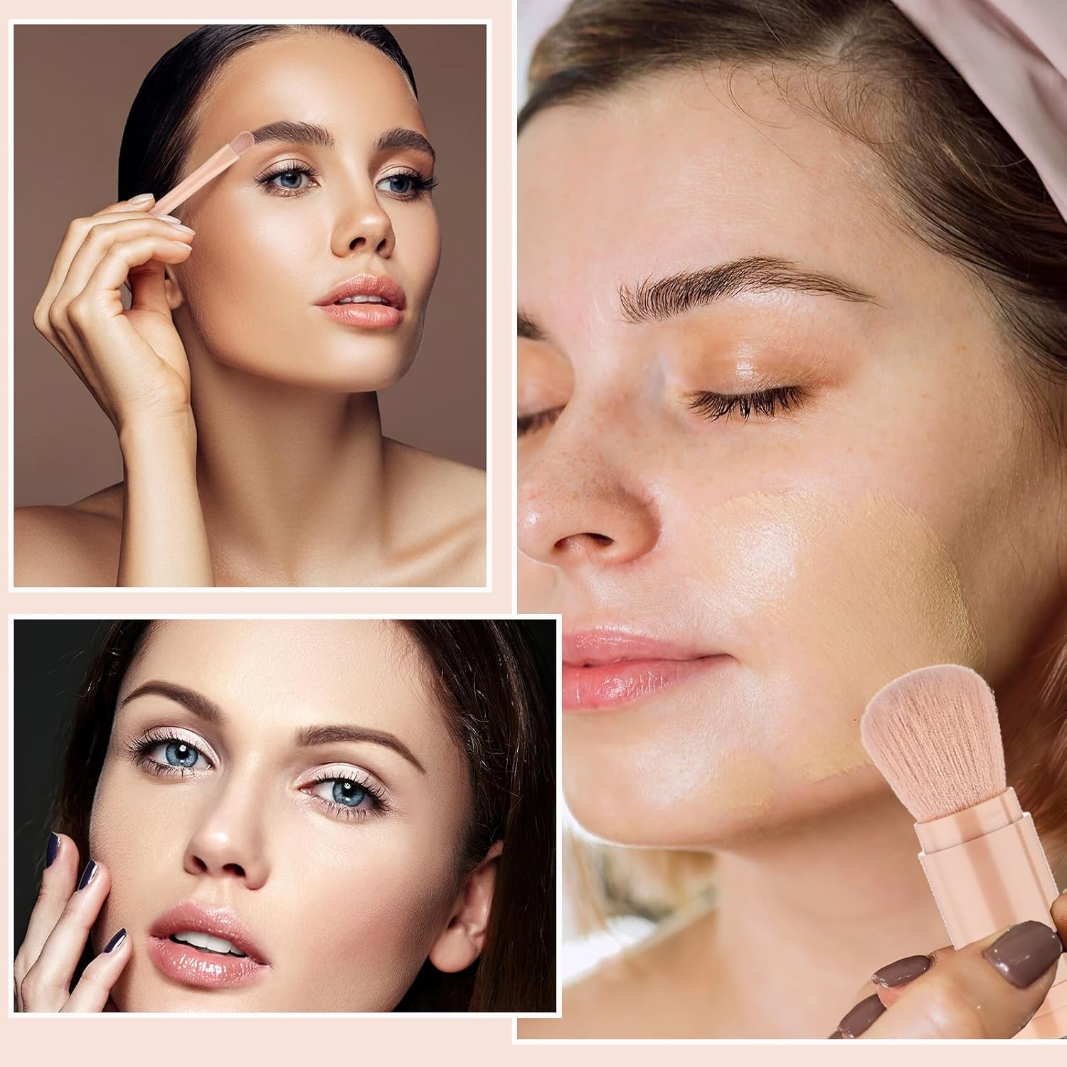 4 In 1 Travel Makeup Brushes Set Mini Cute Makeup Brush Retractable Professional Foundation Brush Make Up Holder Tool Portable Cosmetics Accessories for Powder Eye Shadow Facial Contour - Image 4