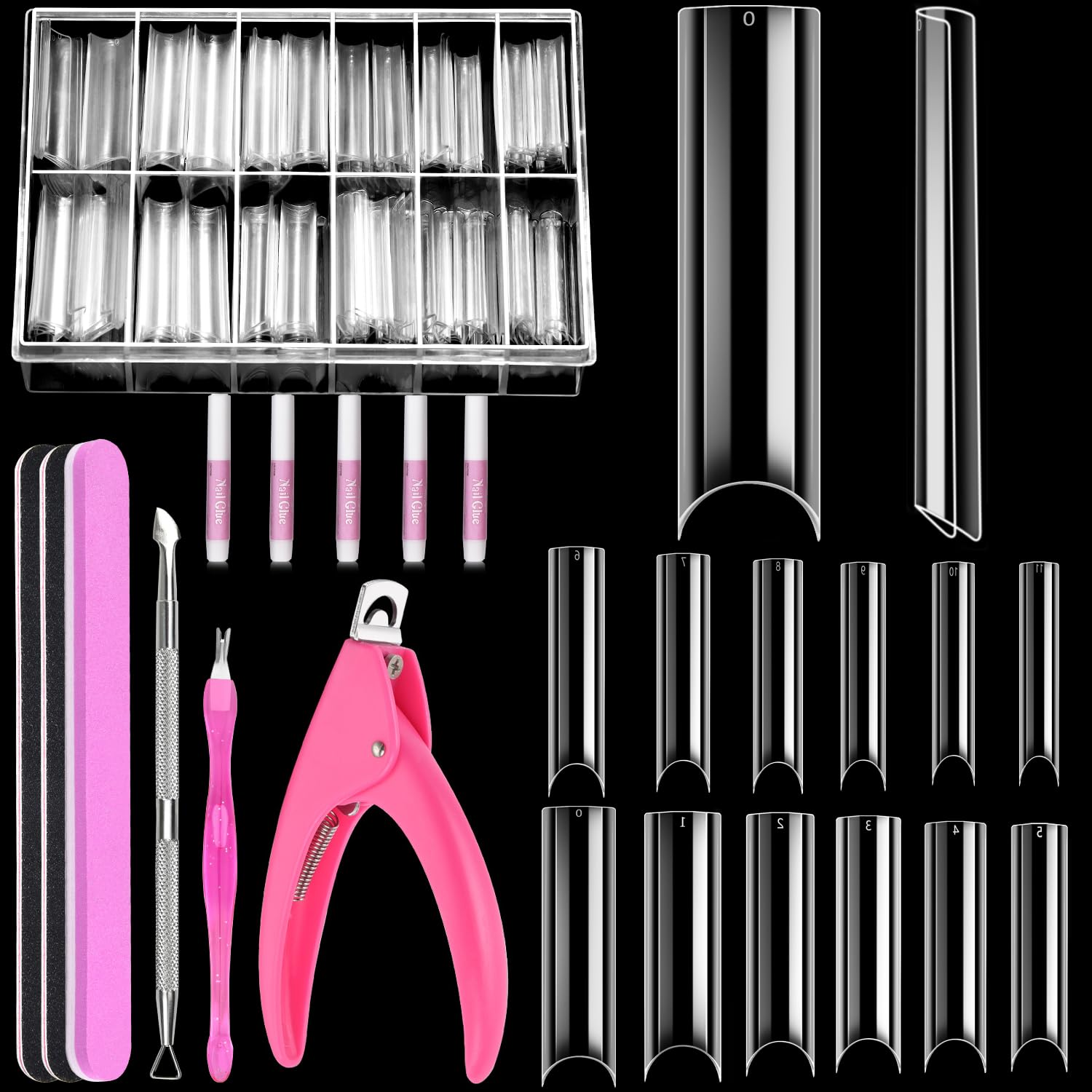 MORGLES Clear Tapered Square Nail Tips, 240 Pcs XXL Extra Long Straight C Curve Nail Tips 12 Sizes Half Cover French Clear for Acrylic Home DIY with Box
