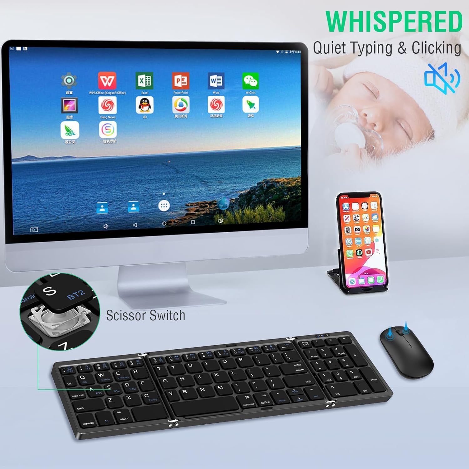 Foldable Keyboard and Mouse, EDJO Folding Wireless Keyboard Mouse Combo with Portable Case, Rechargeable 2.4G+Bluetooth Multi-Device Combo for Windows, iOS, Android, MacOS PC/Laptop/Tablet - Image 5