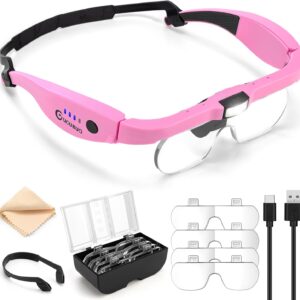 Magnifying Glass with Light, 1.5X-5.0X Magnifying Glasses, Rechargeable Magnifier Headset with Light, Head Magnifier with 4 Detachable Lenses, Magnify Glasses for Close Work Crafts Jewelry
