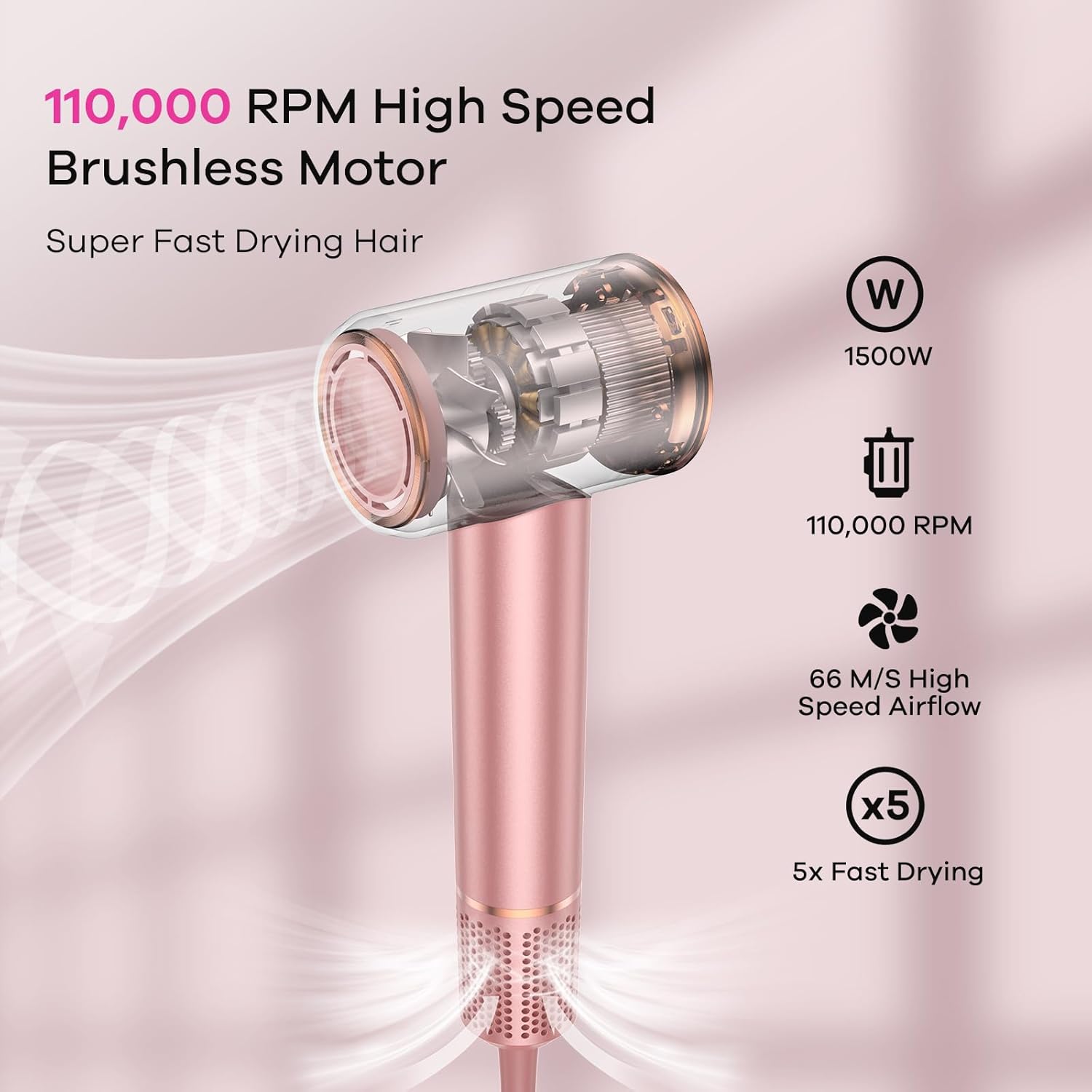 Hair Dryer, 110000 RPM High-Speed Blow Dryer 500 Millions Negative Ionic Care Hair Dryer for Fast Drying, 4 Temps/2 Speeds Lightweight Hairdryer with Magnetic Nozzle for Home Travel Women Man (Pink) - Image 2