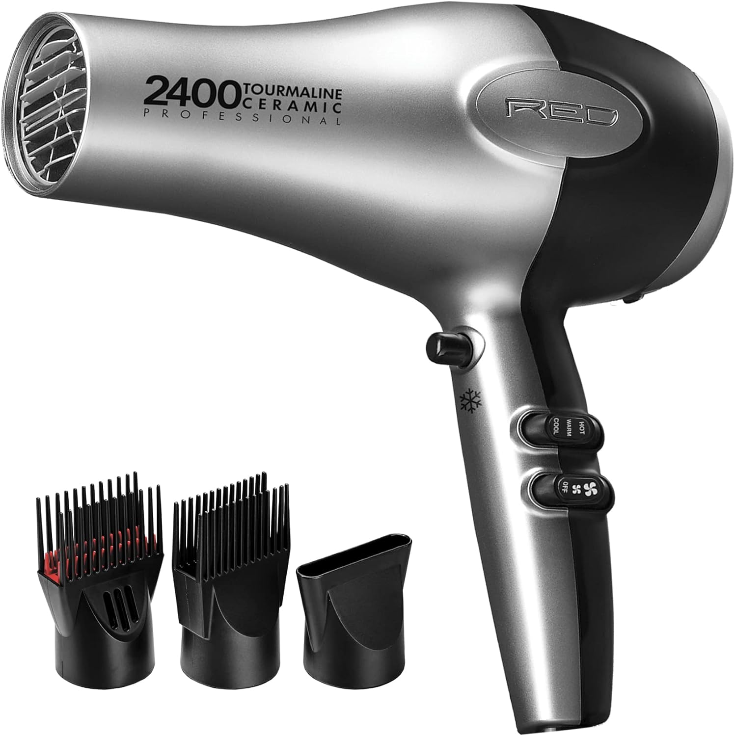 RED by Kiss Hair Dryer 2400 Tourmaline Ceramic Technology, Professional Blow Dryer, Maximum Shine, Fast Drying, Adjustable Settings, 3 Attachments, Salon Quality