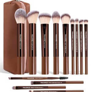 MAANGE 13 PCS Makeup Brushes Professional Make Up Brushes Premium Synthetic Powder Concealers Brushes Travel Makeup Brush Set with Case (Coffee)
