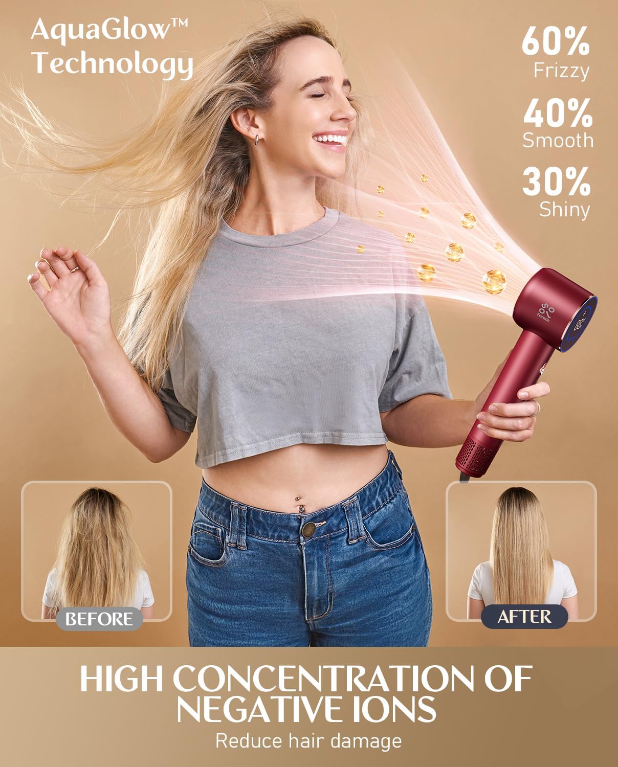 FanttikSolo SonicDry H10 APEX High-Speed Hair Dryer, 56dB Low-Noise, 0.74lb Ultra-Light Blow Dryer, 80% Faster Drying with 110,000 RPM Brushless Motor, Ionic Tech for Home, Travel, Salon - Red - Image 5