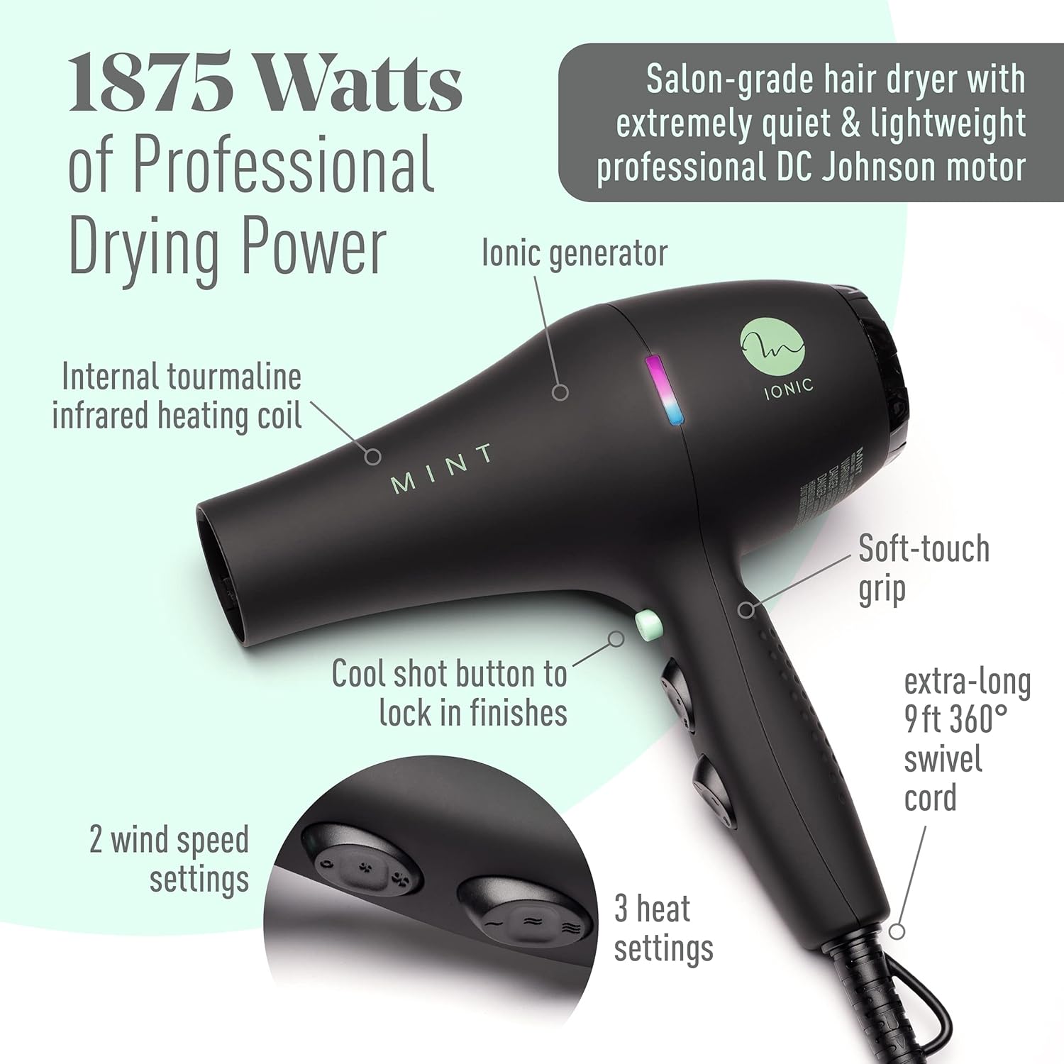 Professional Series Blackbird Infrared Ionic Hair Dryer with Diffuser by MINT | Extremely Quiet and Lightweight Blow Dryer with 1875 Watts of Salon-Grade Drying Power | Ceramic Tourmaline Pro Dryer - Image 3