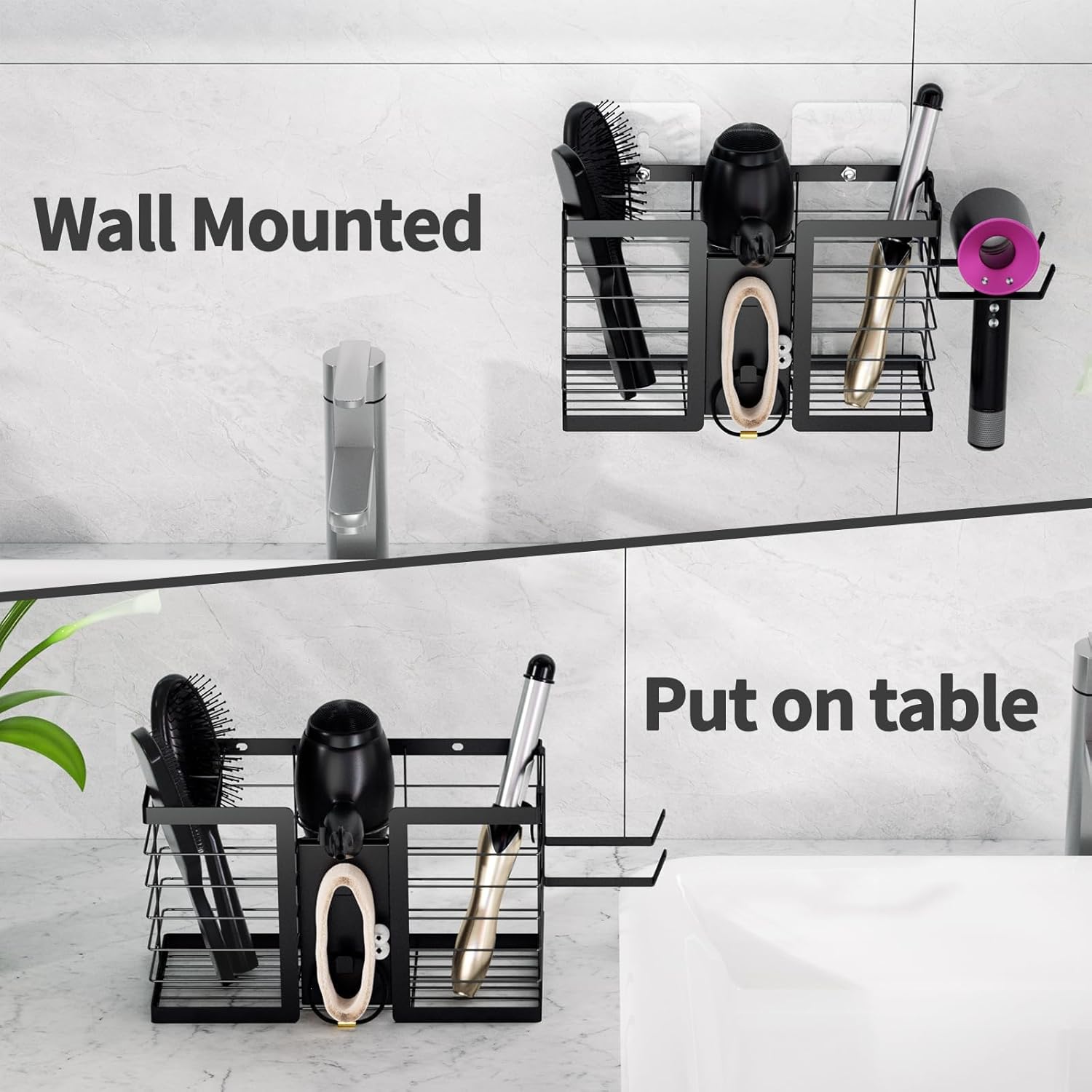 Hair Tool Organizer - Hair Dryer Holder, 3 in 1 Metal Bathroom Organizer Wall Mount for Flat Iron, Curling Iron, Straightener, Styling Tools Bathroom Storage and Organizer (Black) - Image 4