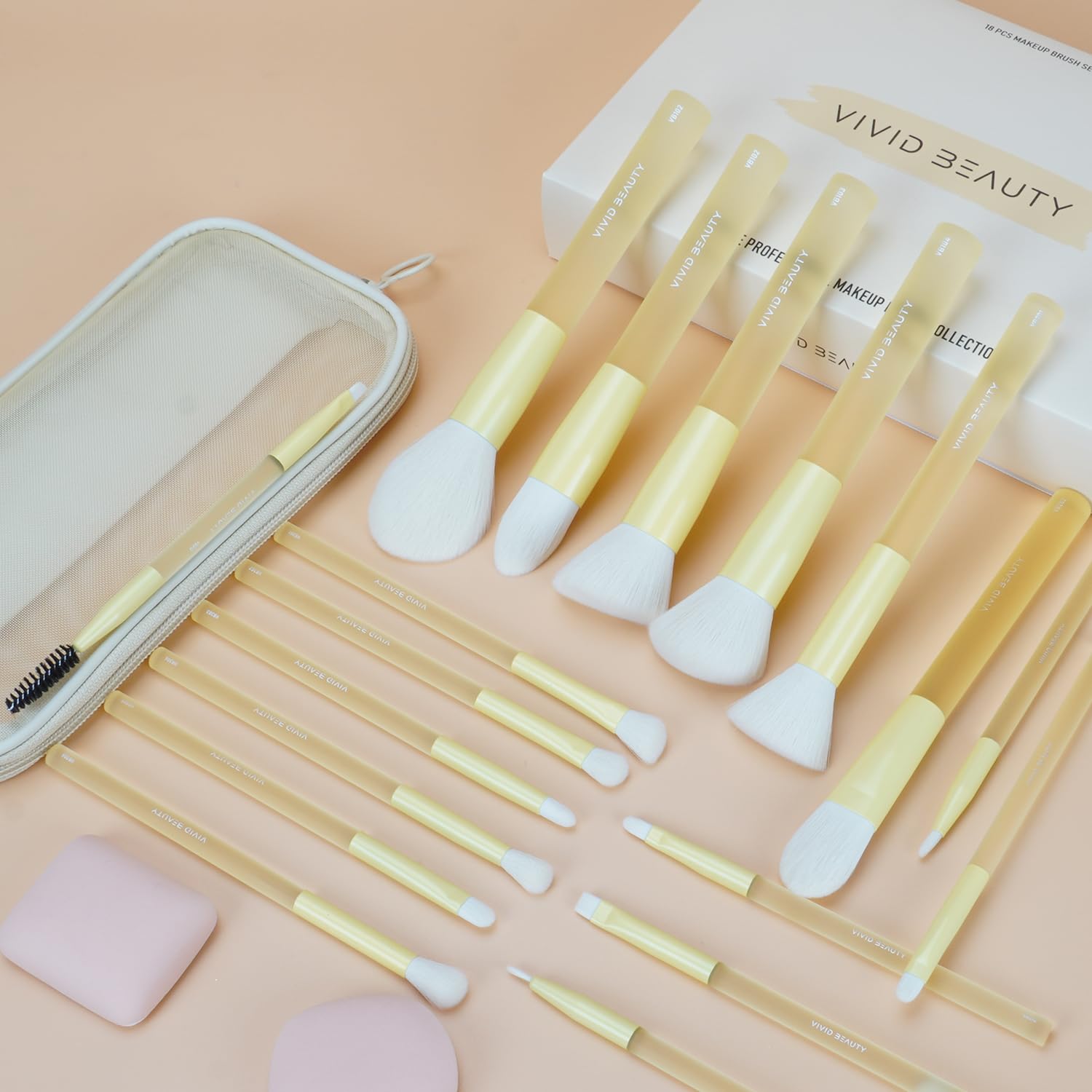 18pcs Colorful Makeup Brush Set with Make up Bag and Sponge Applicators for Liquid Foundation - Professional Cosmetics Tools Blush Blending Blender Brushes Gift Pack (Yellow) - Image 2