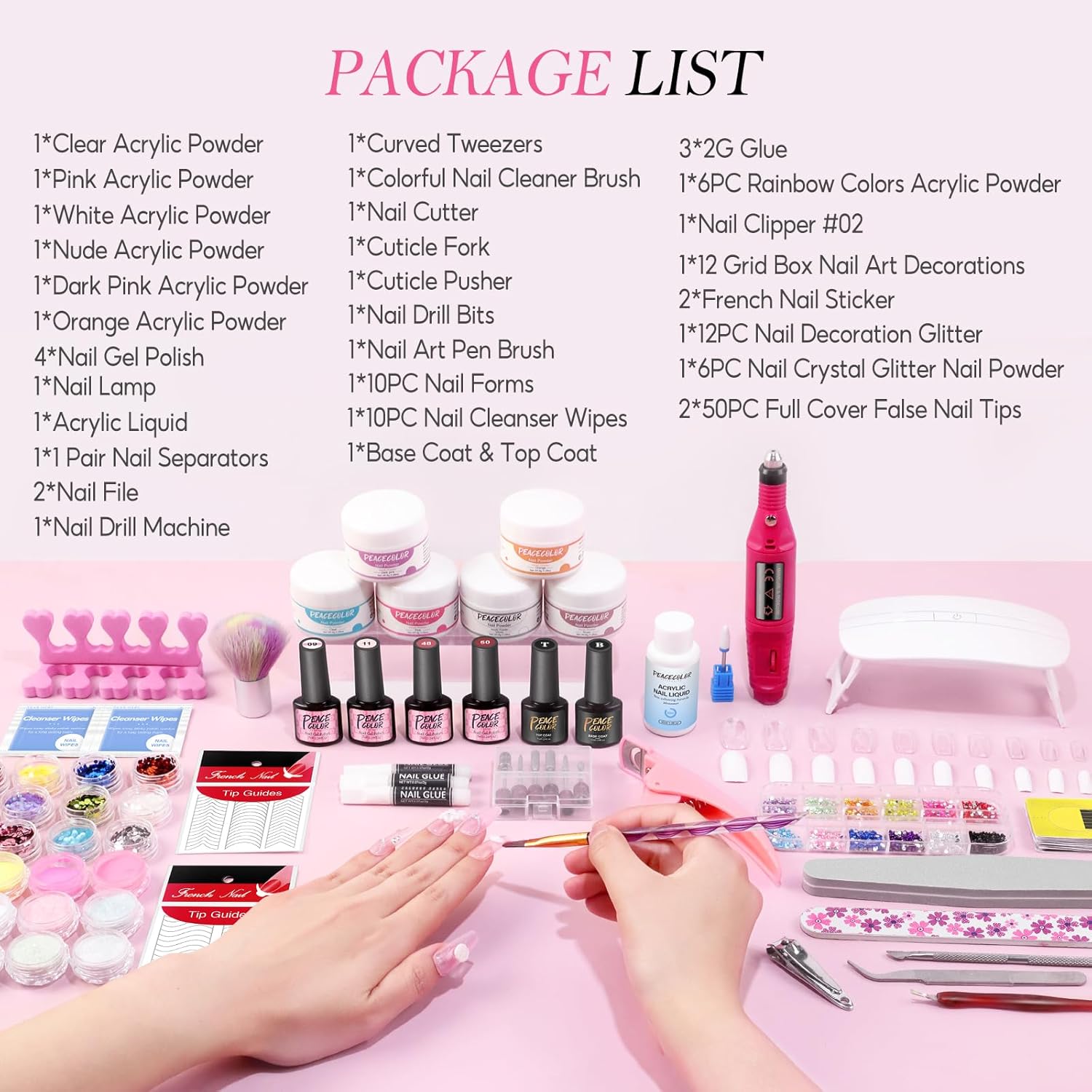 Acrylic Nail Kit for Beginners with Drill and U V Light 6 Colors Acrylic Powder Clear Nude Pink 4PC Gel Polish 24PC Glitter Powders Rhinstones Nails Kit Acrylic Set for Women - Image 2