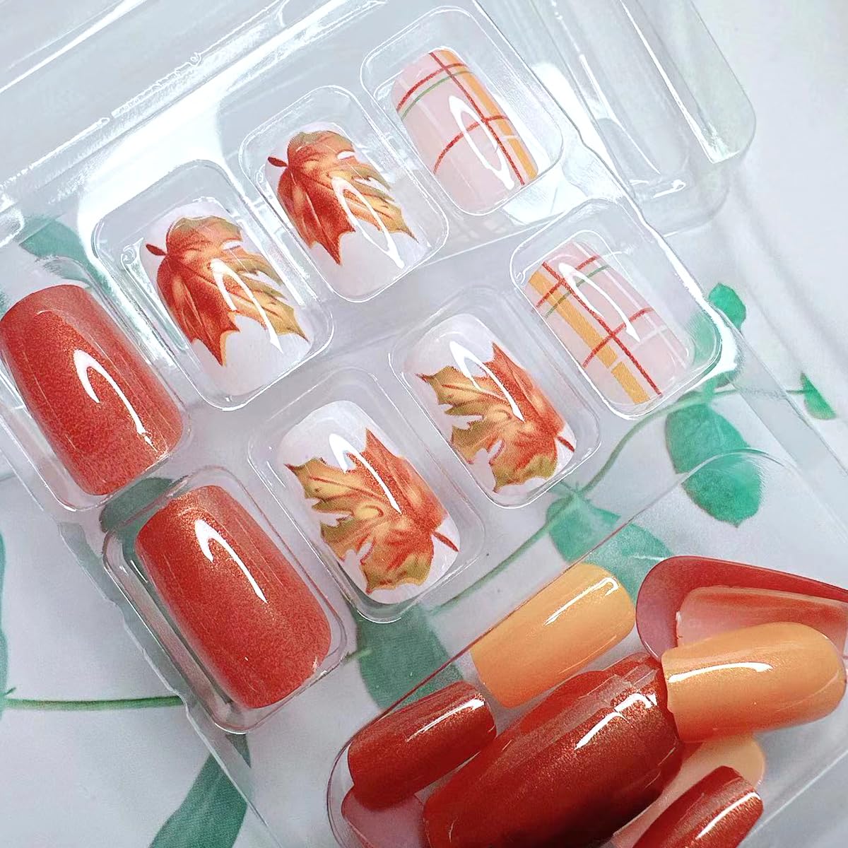 Thanksgiving Fall Press on Nails Medium Square Fake Nails Maple Leaf Orange Glitter Plaid Acrylic Nails Press ons Cute Autumn Leaves Design Full Cover Fall Coffin False Nails Stick on Nails for Women - Image 3