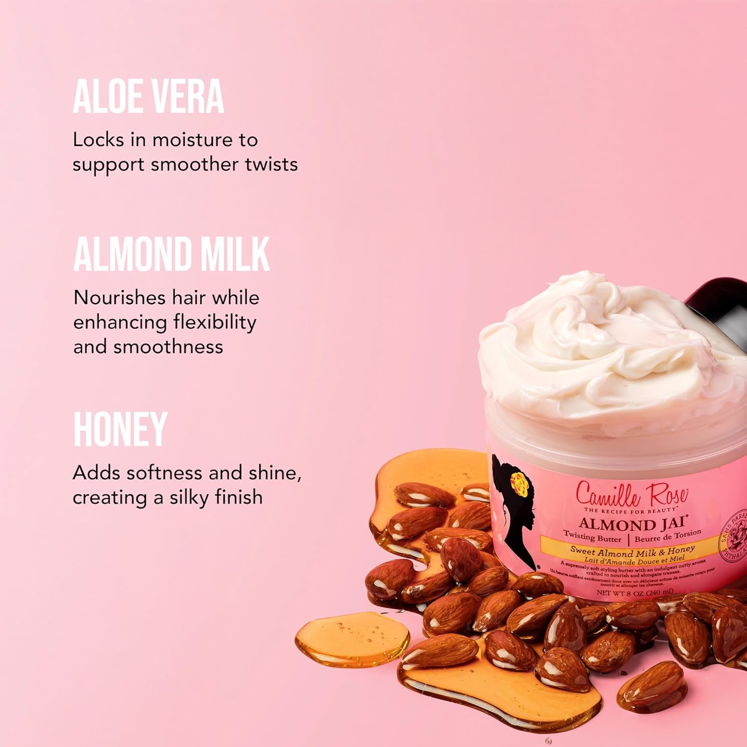 Camille Rose Almond Jai Twisting Hair Styling Butter, with Aloe and Honey, to Soften Smooth and Moisturize, for All Hair Types, 8 oz - Image 2