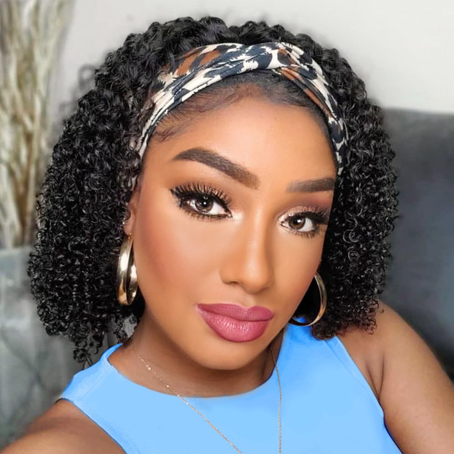 AISI QUEENS Human Hair Headband Wigs for Black Women - Curly, Glueless, Easy Wear - 10 Inch, Medium Cap Size (21.5 Inch)