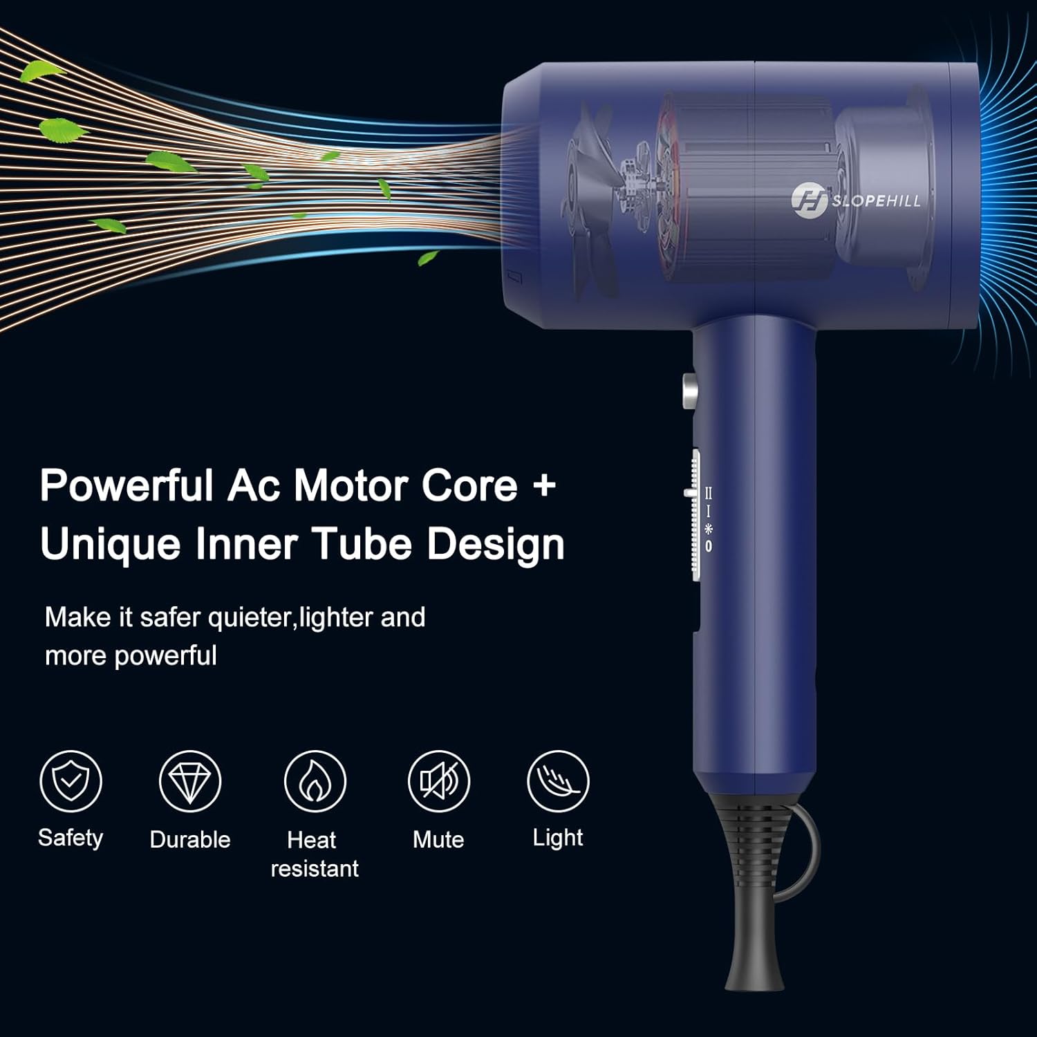 Slopehill Professional Ionic Hair Dryer, Powerful 1800W Fast Drying Low Noise Blow Dryer with 2 Concentrator Nozzle 1 Diffuser Attachments for Home Salon Travel (Prussian Blue) - Image 2