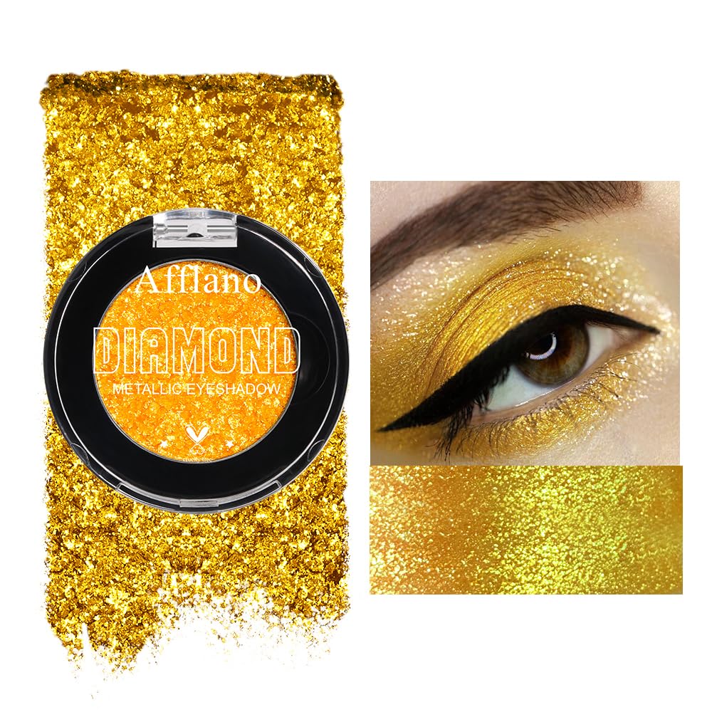 Afflano Yellow Glitter Eyeshadow Makeup, Single Diamond Gold Shimmery Eyeshadows, Super Pigmented Sunset Gold Glitter Yellow Eyeshadow One Swipe, Vibrant Metallic Eye Shadow Sparkly Eyelid Highlighter - Image 7