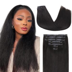 Lashey Seamless Clip in Hair Extensions Human Hair Light Yaki Straight Clip in Hair Extensions 16 Inch 7pcs 110g Natural Black PU Clip in Hair Extensions Human Hair for Women