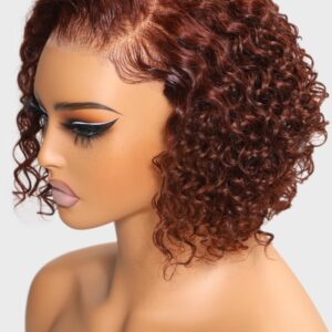 UNICE 8 inch Short Curly Beyond Basics Bob Wig Human Hair Bye Bye Knots Glueless Wigs Pre Plucked Pre Cut 7x5 HD Lace Closure Ready to Go Wig Reddish Brown Color