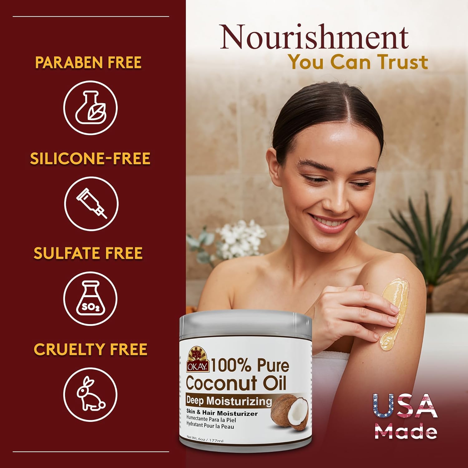 Okay 100% Pure Coconut Oil for Hair & Skin - Coconut Oil for Women & Men, Perfect for Hair & body, Natural Massage Oil & Moisturizer - 6 fl oz Jar (Pack of 1) - Image 6