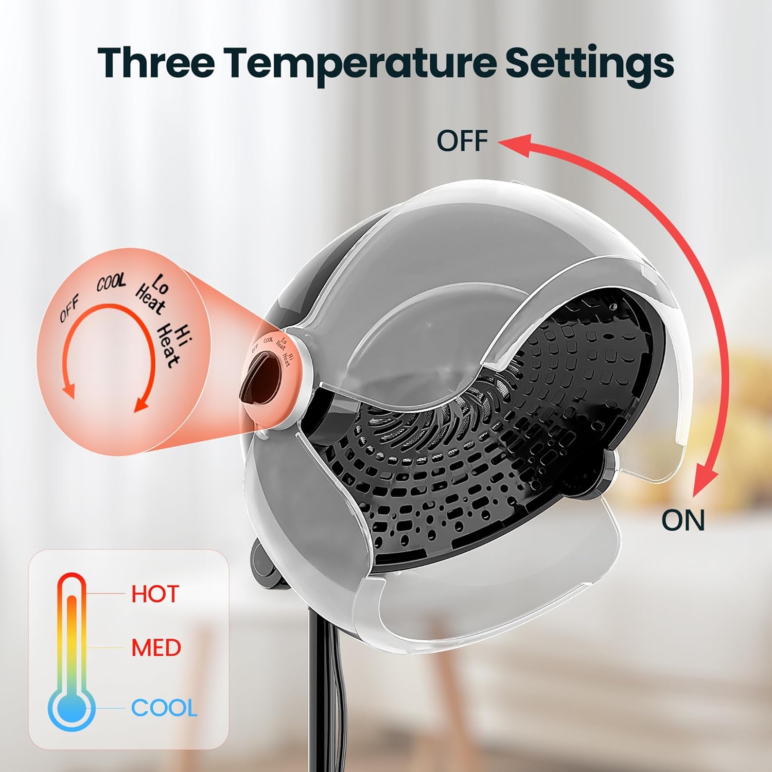 Professional Ionic Hooded Hair Dryer, 1875W Height Adjustable with Bonnet 3 Temperature Settings, Rolling Wheels for Salon, Spa and Home Use - Image 3