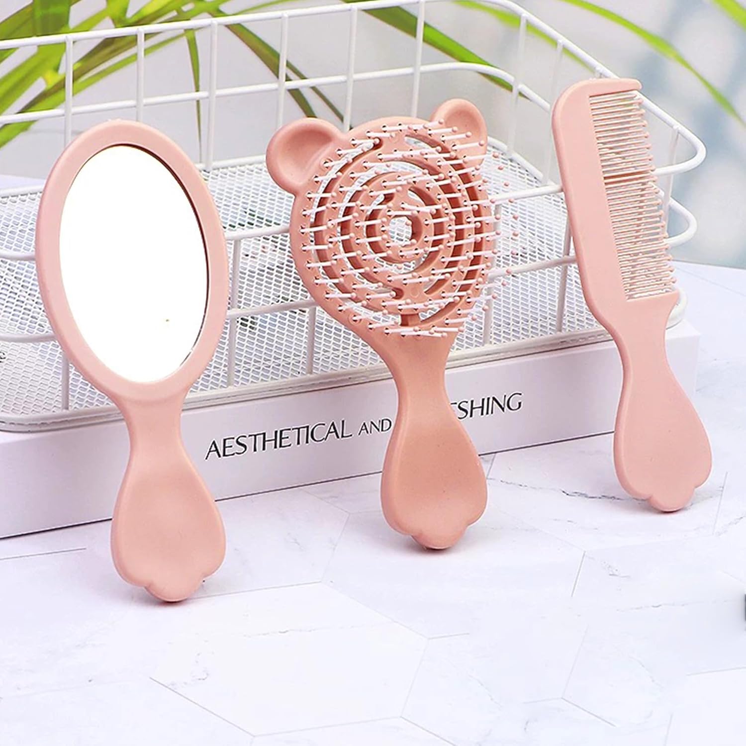 4 Pieces Mini Hair Brush Hair Comb Set For Women Girls Kids Toddler Small Travel Hair Combs Brushes Handheld Mirror Set Detangling Comb Massage HairBrush with Air Cushion (Pink) - Image 5