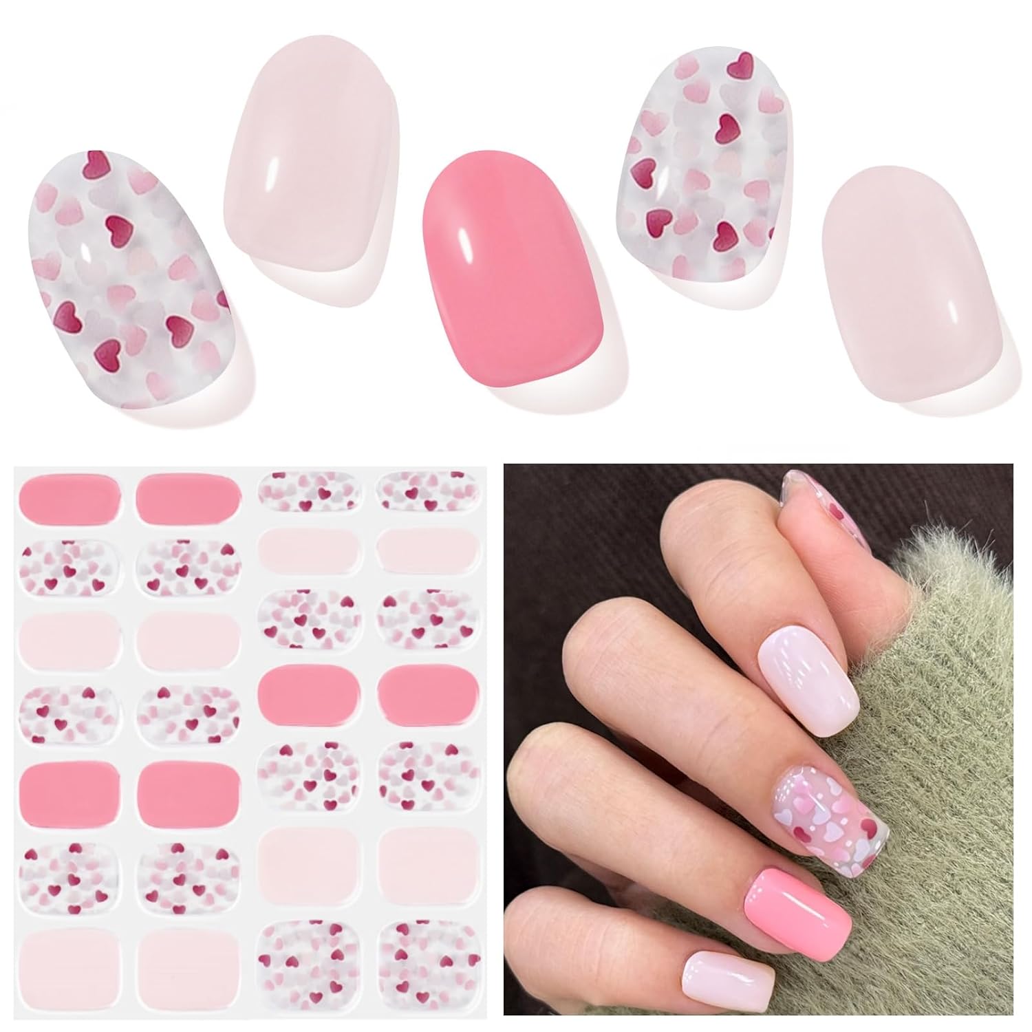 Semi Cured Gel Nail Strips, Love Heart | 28 pcs Gel Nail Strips Work with Any UV Lamp, Salon Quality UV Nails Stickers, Easy to Apply for Home Nails DIY