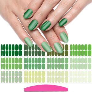SILPECWEE 12 Sheets Green Nail Polish Stickers Full Wraps Bright Solid Color Gel Strips Self Adhesive Fingernail Sticker for Women With Nail File