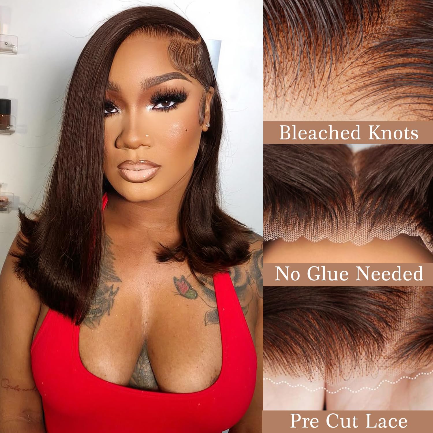 Brown Wear and Go Glueless Wigs Human Hair Pre Plucked Pre Cut 12 Inch 7x5 Chocolate Brown Glueless Bob HD Lace Closure Wig Bleached Knots Short Brown Straight Wig 180% Density for Women - Image 3