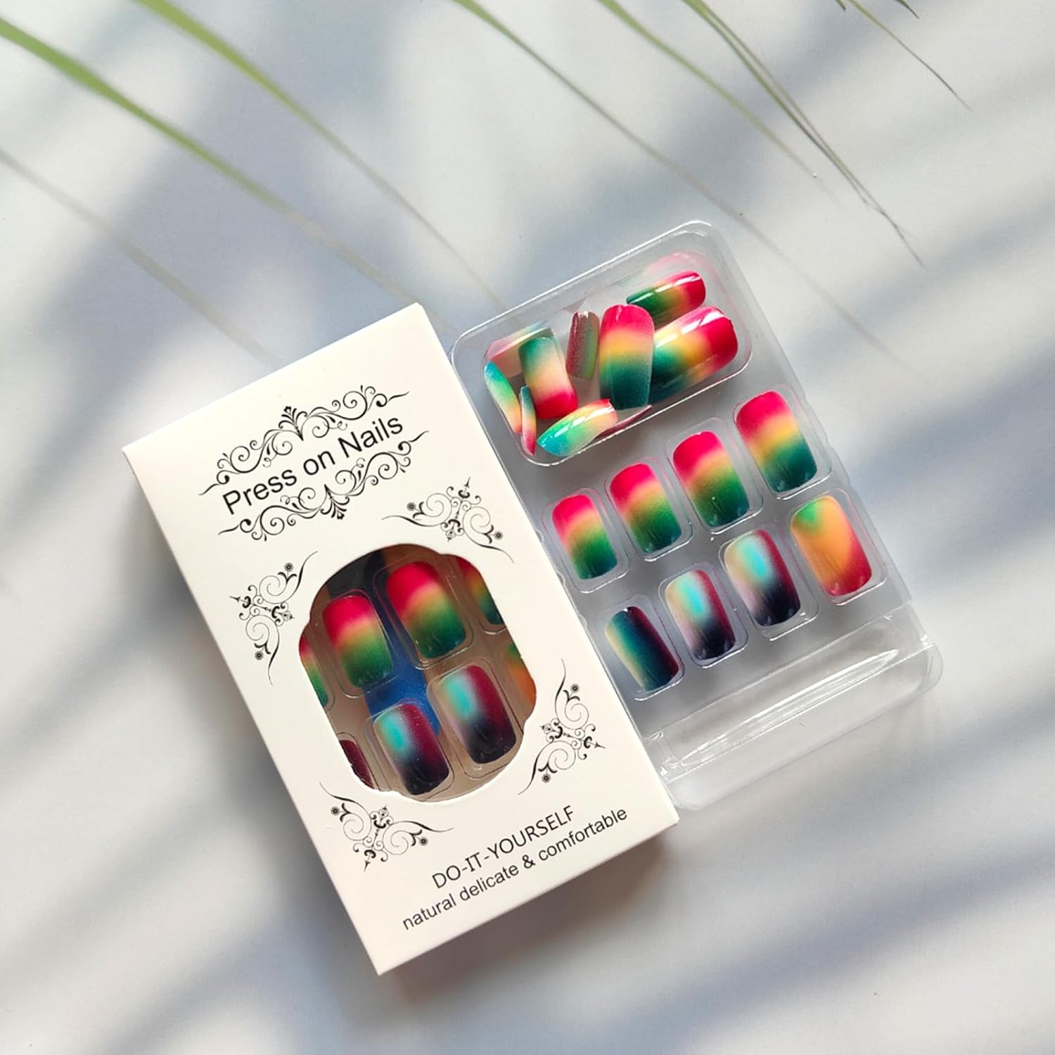 Ombre Press on Nails Colorful Gradient Smudge Fake Nails Medium Square False Nails Glossy Acrylic Nails Reusable Glue on Nails Spring Summer Full Cover Stick on Nails for Women 24Pcs - Image 2