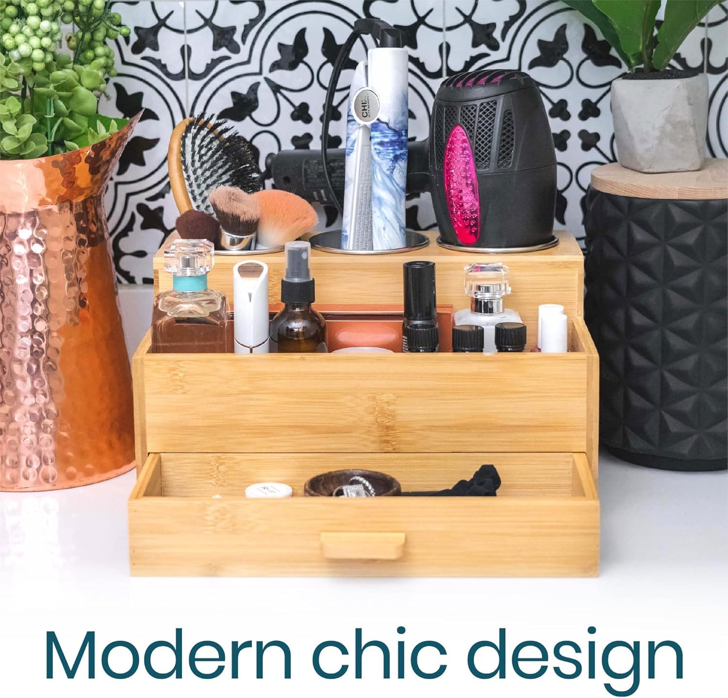 Hair Tool Storage Organizer, Bamboo Hair tool organizer for Bathroom, Kitchen and Makeup,Hair organizer storage Perfect for Storing Blow Dryer, Straightener and Brush - Image 2