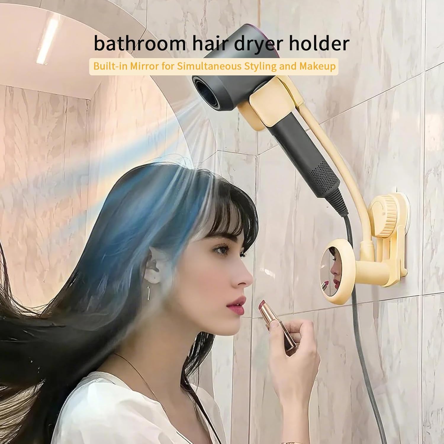 Hands-Free Hair Dryer Holder Wall Mounted with 360° Adjustable Hose, Suction Cup Installation, Built-in Mirror, and Cord Organizer for Blow Dryer, Curling Iron, No Drilling Required - Image 17