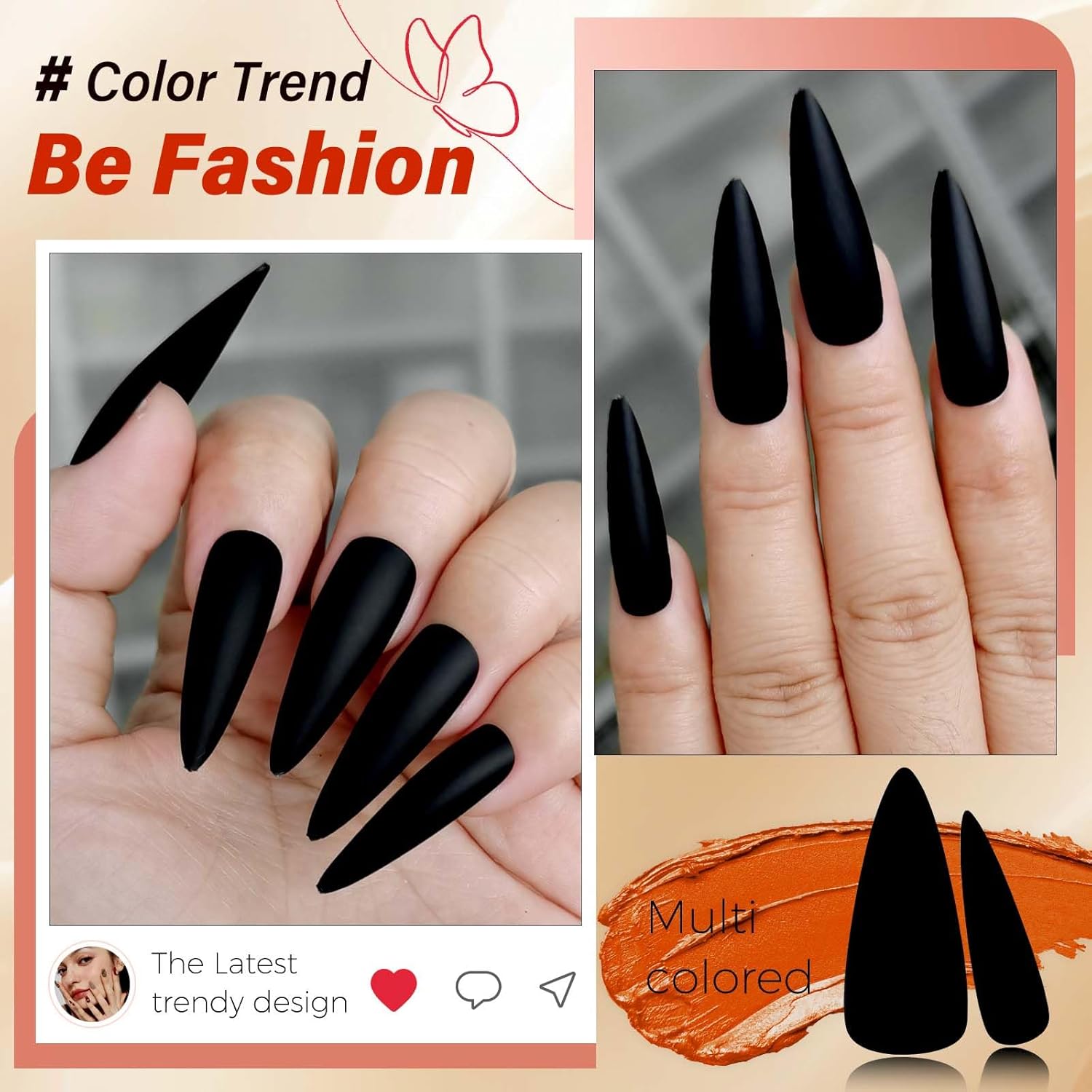 LoveOurHome 100pc Stiletto Press on Nails Long Matte Artificial False Nails Full Cover Acrylic Nail Tips Halloween Manicure Design Decor for Women Girls Salon Home DIY (Black) - Image 4