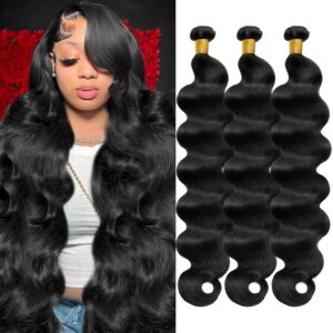 12A Human Hair Bundles 24 26 28Inch Body Wave Human Hair 100% Unprocessed Brazilian Virgin Hair 3 Bundles Extensions Quick Weave Human Hair Extensions Wavy for Women Natural Black