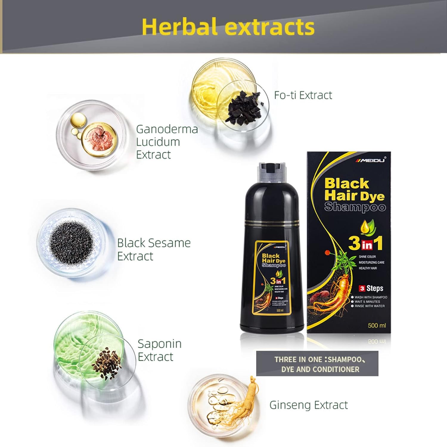 Ivnil Black Hair Dye Shampoo 3 in 1 Hair Color Shampoo for Women & Men for Gray Hair Coverage for Instant Champu Para Canas Mujer - Image 3