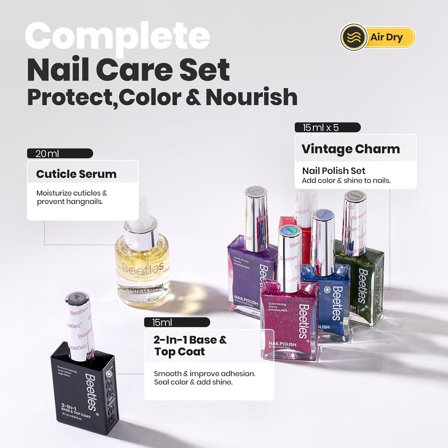 Beetles Glitter Nail Polish Set 7Pcs, Fast Drying & Long Lasting Red Blue Green Nail Polish with 2 IN 1 Base & Top Coat and Cuticle Serum 20ml, All-in-One Care 4th of July Nails Kit - Image 2