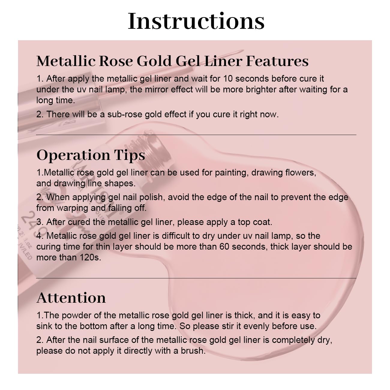 RARJSM Metallic Gel Liner Nail Art Rose Gold 3D Mirror Chrome Effect Gel Nail Polish 8ml Painting Build in Thin Brush Metal Painted Drawing Striper Gelpolish Soak off Curing Requires for Home Salon - Image 7