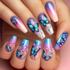 Butterfly Press on Nails Blue Purple Gradient False Nails Mirror Long Square Fake Nails Full Cover Acrylic Nails Artificial Glue on Nails for Women