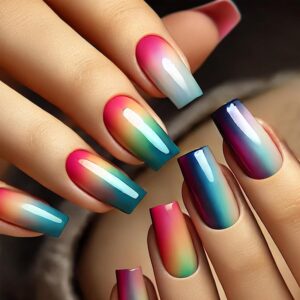 Ombre Press on Nails Colorful Gradient Smudge Fake Nails Medium Square False Nails Glossy Acrylic Nails Reusable Glue on Nails Spring Summer Full Cover Stick on Nails for Women 24Pcs