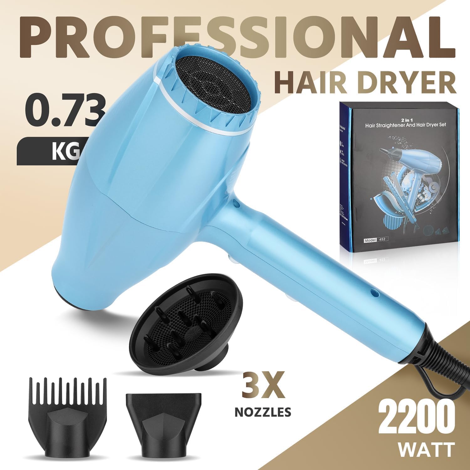 Flat Iron and Blow Bryer Set, 2200W AC Motor Fast Drying Low Noise Ionic Hair Dryer with Diffuser Nozzle Concentrator Comb for Women Curly Straight Hair, Titanium Hair Straightener and Curler 2 in1 - Image 4