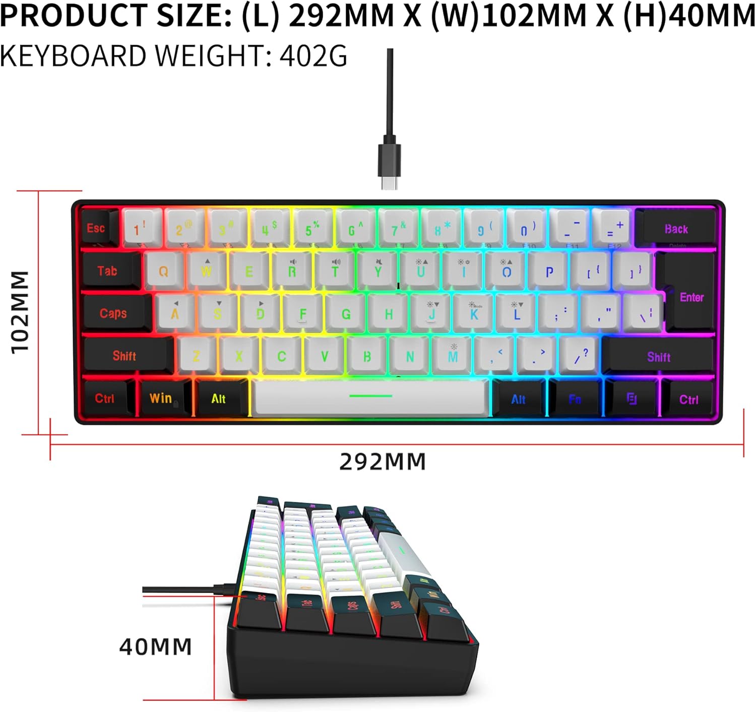 Snpurdiri 60% Wired Gaming Keyboard, 61 Keys RGB Backlit Ultra-Compact Small Gaming Keyboard, for PC/Mac Gamer, Typist, Travel, Easy to Carry on Business Trip(Black-White) - Image 6