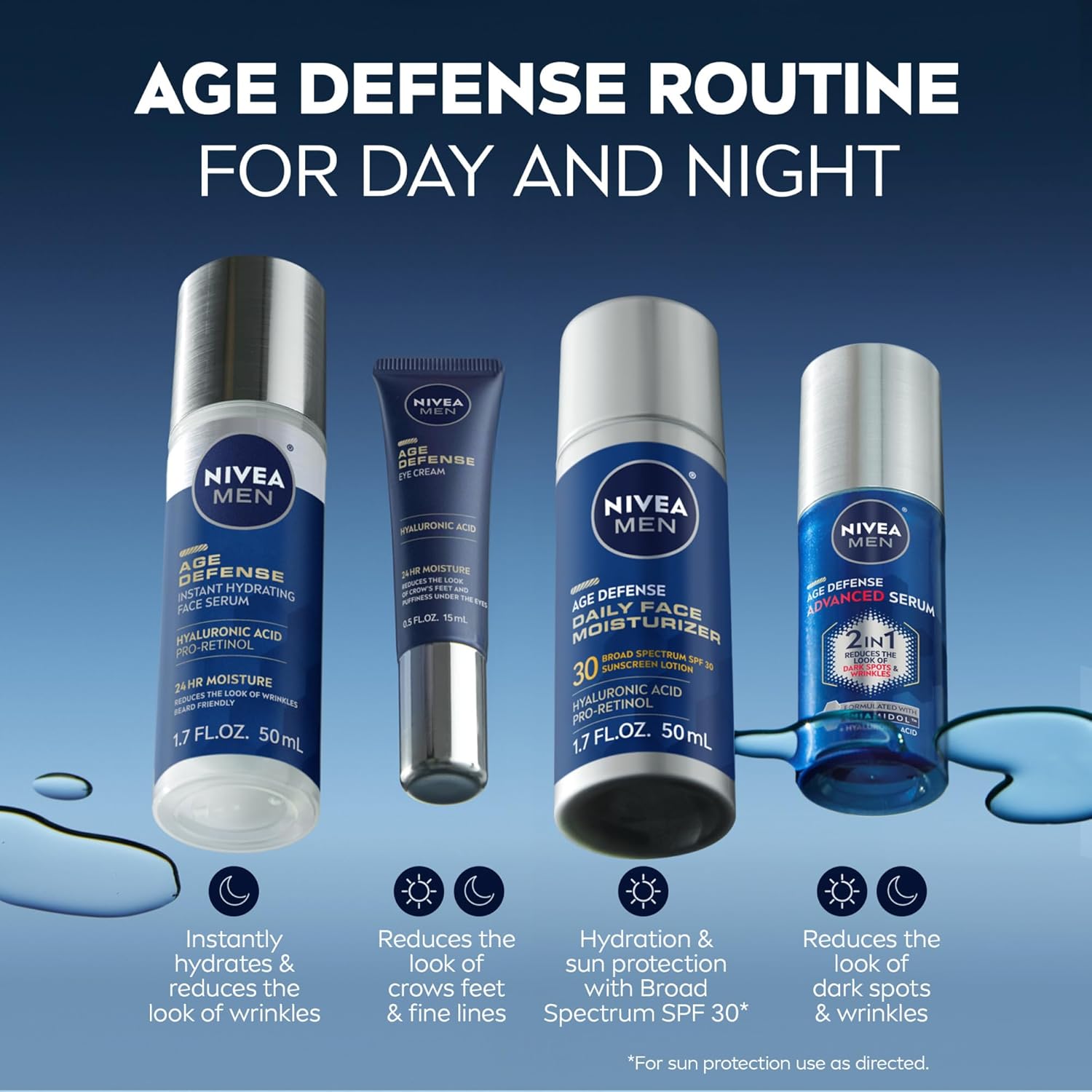 NIVEA Men Age Defense Daily Face Moisturizer with Broad Spectrum SPF 30 Sunscreen, Pro-Retinol and Hyaluronic Acid, Beard-Friendly Face Lotion Helps Defend Against UVA/UVB Rays, 1.7 Fl Oz Bottle - Image 9