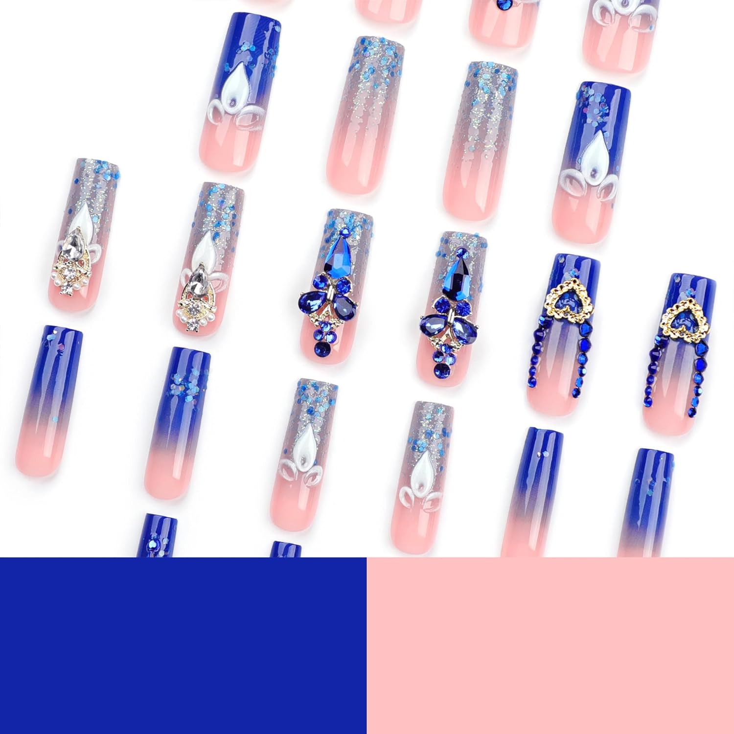 Royal Blue Press on Nails Long Length Square Shape Acrylic Fake Nails with Rhinestones Designs False Nails Mother'S Day Gift 24pcs - Image 3
