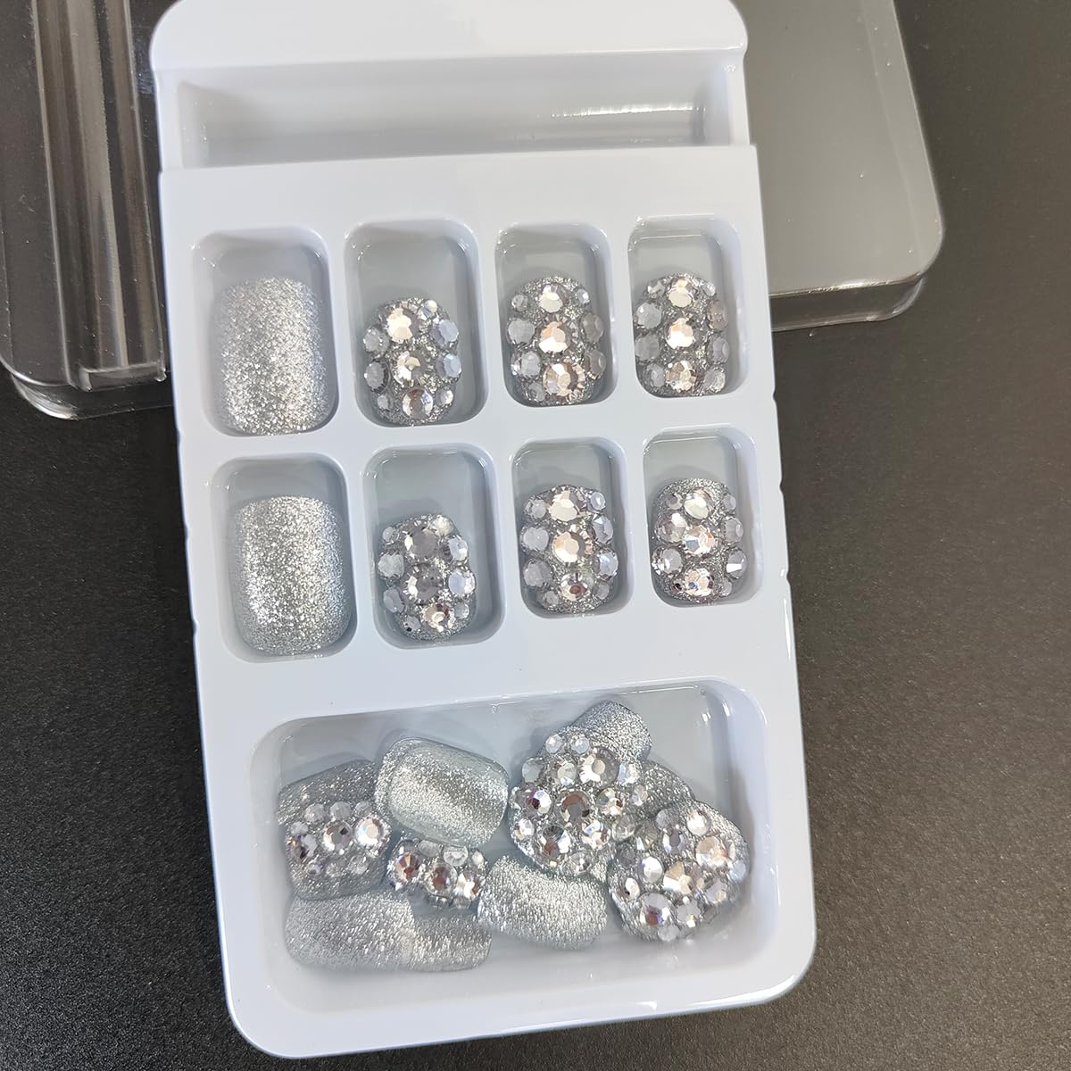 24Pcs Short Press on Nails Luxury Rhinestone Fake Nails Elegant Glue On Nail with Sparkly Rhinestones Gem Design Silver Glitter Acrylic False Nails for Women Manicure Decoration - Image 3