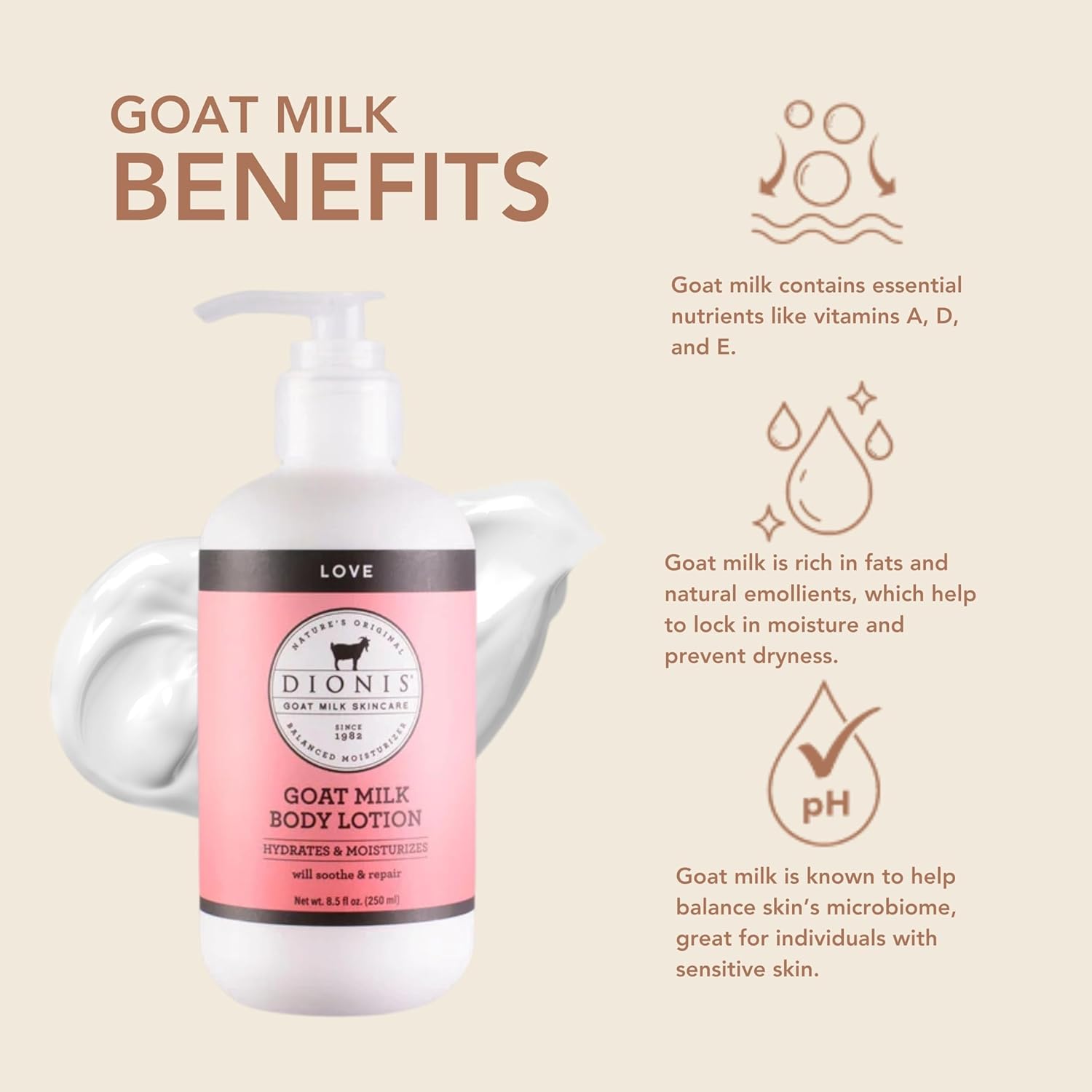 Dionis Goat Milk Hydrating Skincare Cream, Rich & Creamy Daily Moisturizing Love Scented Body Lotion For Dry Skin, Made in the USA, Cruelty-Free & Paraben-Free, 8.5 oz Bottle - Image 2