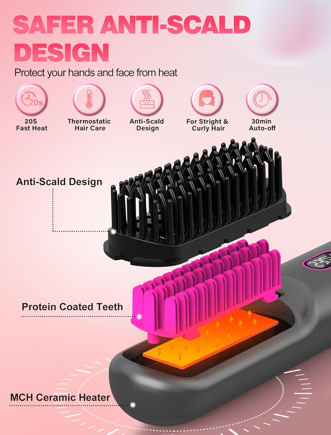 Cordless Hair Straightener Brush for Travel,Mini Hair Straightener Comb with Negative Ion,Portable hot Brush Hair Straightener for Women, Rechargeable 9600mAh Battery, Anti-Scald,12 Temp-Setting - Image 7