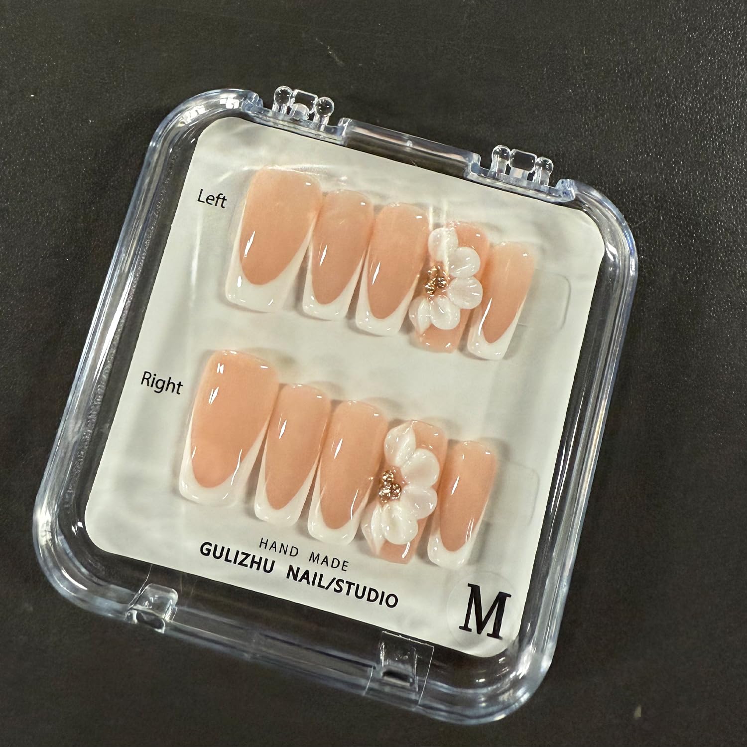 White French Tip Handmade Press on Nails Medium Square Fake Nails Muti-Layer Gel False Nails with 3D Flower Rhinestones Designs Thick Acrylic Nails Full Cover Stick on Nail for Women Nail DIY (Size M) - Image 6