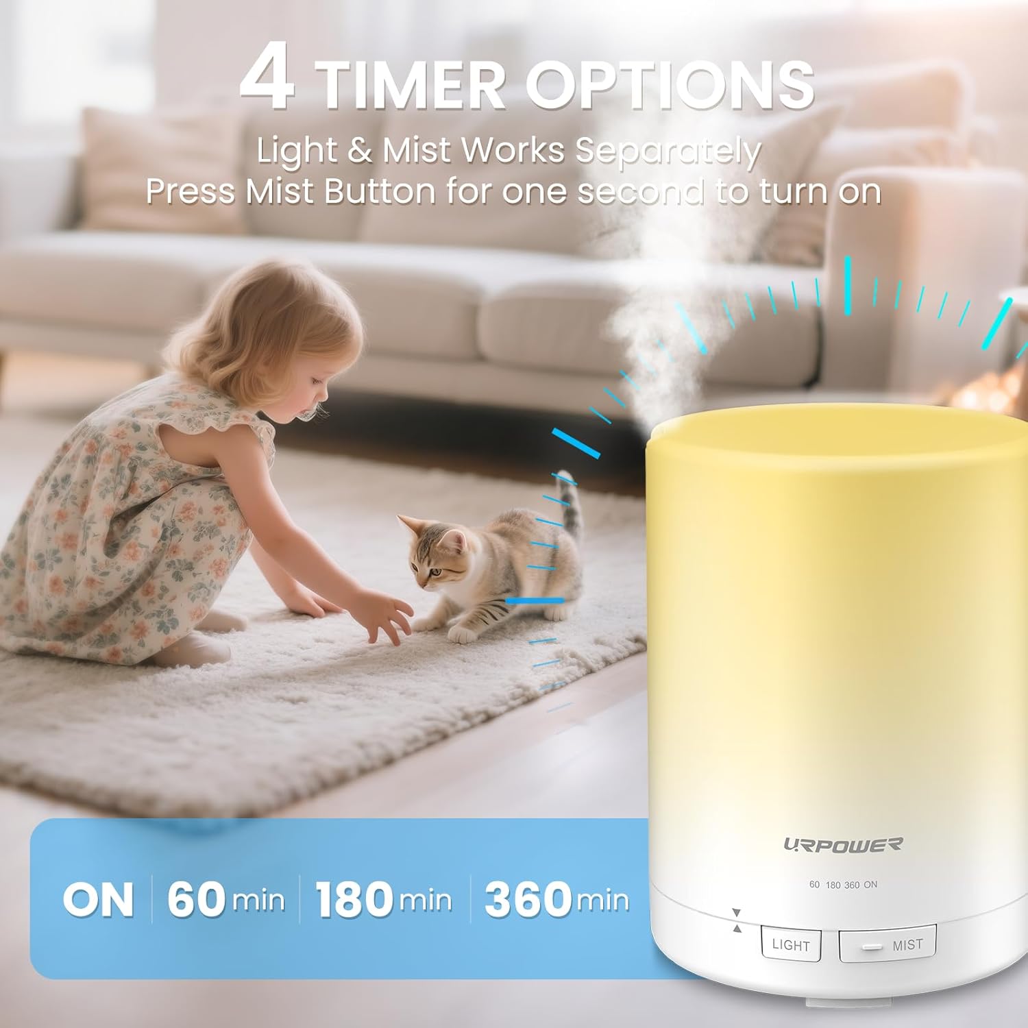 URPOWER 300ml Aromatherapy Essential Oil Diffuser Ultrasonic Air Humidifier AUTO Shut Off Scent Diffuser Night Light 7 Color Changing LED Lights and 4 Timer Settings for Bedroom Office Home - Image 3