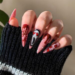 Halloween Press on Nails Long Stiletto Fake Nails Scream Ghost False Nails Spider Blood Heart Scar Gothic Design Glossy Glue on Nails Full Cover Stick on Nails Pink Acrylic Nails for Women 24Pcs