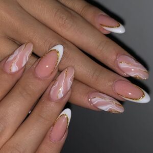 White French Press on Nails Almond Shape Fake Nails with White Marble Texture Designs Acrylic Nails Chrome Gold Line False Nails Glitter Full Over Nails Glossy Nude Glue on Nails for Women Manicure
