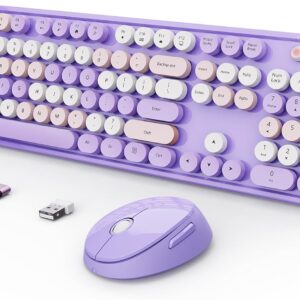 Wireless Keyboard and Mouse Combo, Ergonomic Full Size Typewriter Retro Round Keycaps Keyboard, Compatible with Windows, PC, Perfer for Home and Office Keyboards (Purple